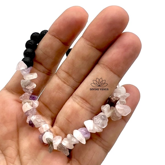 Rose Quartz and Amethyst Lava Rock Stretch Bracelet - Picture 3 of 5